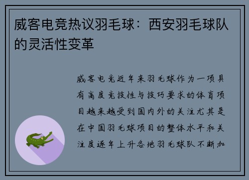 威客电竞热议羽毛球：西安羽毛球队的灵活性变革