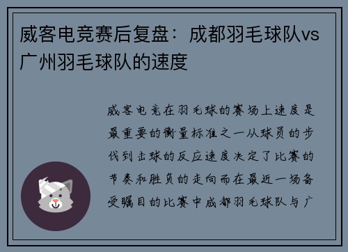 威客电竞赛后复盘：成都羽毛球队vs广州羽毛球队的速度