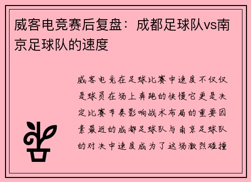 威客电竞赛后复盘：成都足球队vs南京足球队的速度