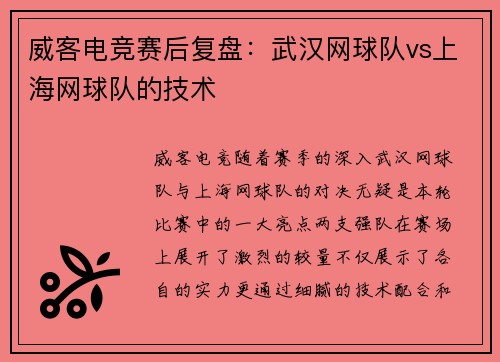 威客电竞赛后复盘：武汉网球队vs上海网球队的技术