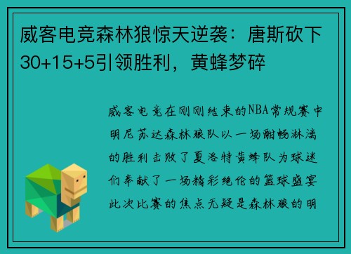威客电竞森林狼惊天逆袭：唐斯砍下30+15+5引领胜利，黄蜂梦碎