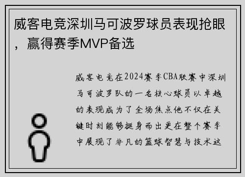 威客电竞深圳马可波罗球员表现抢眼，赢得赛季MVP备选