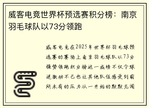 威客电竞世界杯预选赛积分榜：南京羽毛球队以73分领跑
