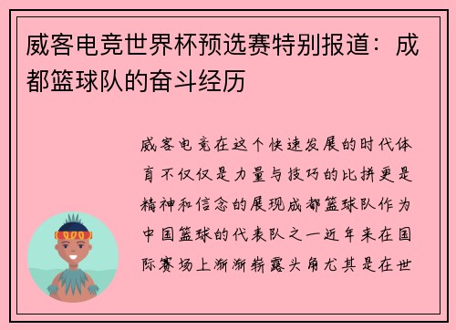威客电竞世界杯预选赛特别报道：成都篮球队的奋斗经历