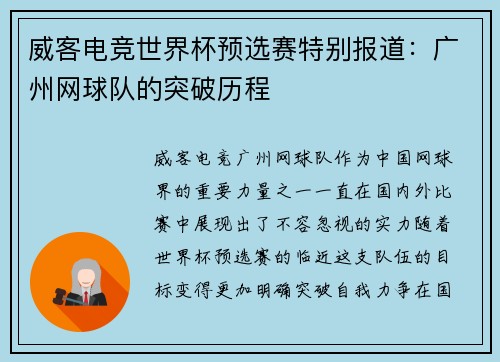 威客电竞世界杯预选赛特别报道：广州网球队的突破历程