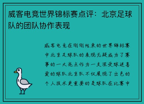 威客电竞世界锦标赛点评：北京足球队的团队协作表现
