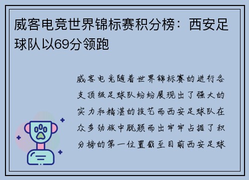威客电竞世界锦标赛积分榜：西安足球队以69分领跑