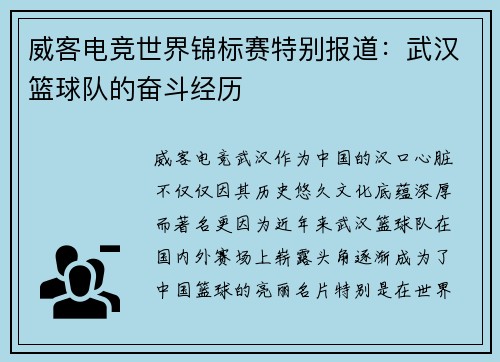 威客电竞世界锦标赛特别报道：武汉篮球队的奋斗经历