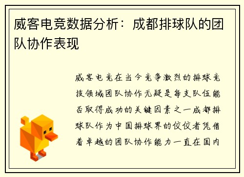威客电竞数据分析：成都排球队的团队协作表现