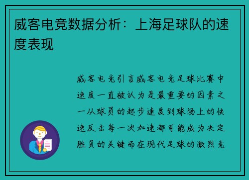 威客电竞数据分析：上海足球队的速度表现