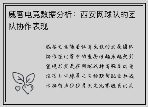 威客电竞数据分析：西安网球队的团队协作表现
