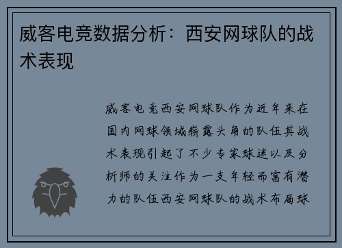 威客电竞数据分析：西安网球队的战术表现