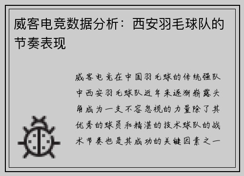 威客电竞数据分析：西安羽毛球队的节奏表现