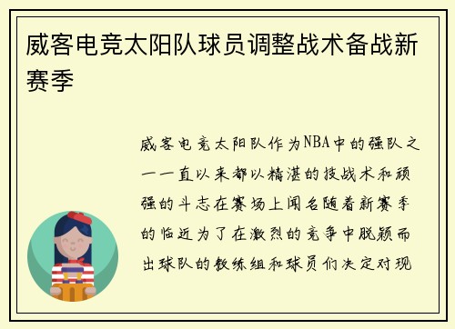威客电竞太阳队球员调整战术备战新赛季