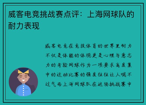 威客电竞挑战赛点评：上海网球队的耐力表现