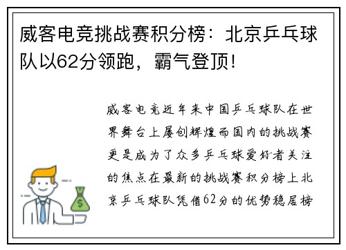 威客电竞挑战赛积分榜：北京乒乓球队以62分领跑，霸气登顶！