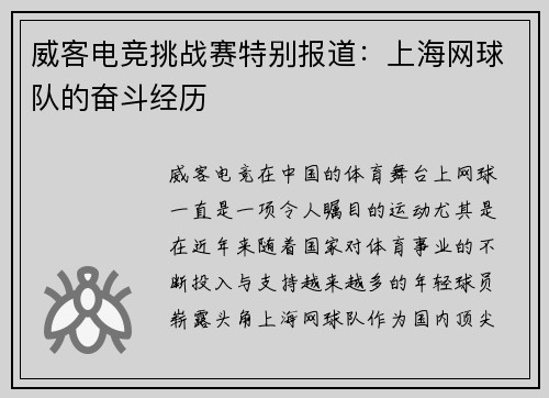 威客电竞挑战赛特别报道：上海网球队的奋斗经历
