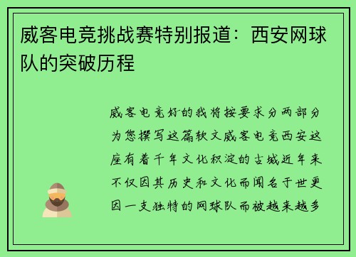 威客电竞挑战赛特别报道：西安网球队的突破历程