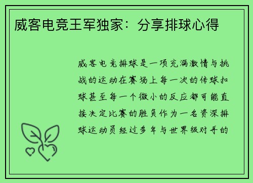 威客电竞王军独家：分享排球心得
