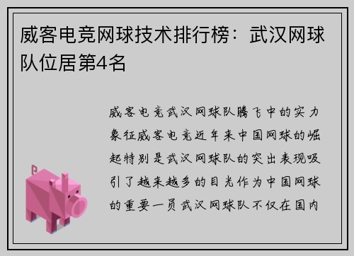 威客电竞网球技术排行榜：武汉网球队位居第4名