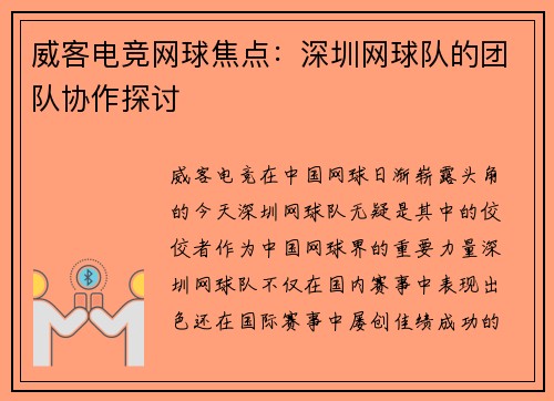 威客电竞网球焦点：深圳网球队的团队协作探讨