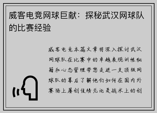 威客电竞网球巨献：探秘武汉网球队的比赛经验