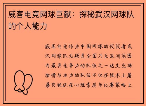 威客电竞网球巨献：探秘武汉网球队的个人能力