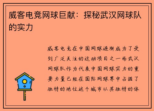 威客电竞网球巨献：探秘武汉网球队的实力