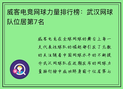 威客电竞网球力量排行榜：武汉网球队位居第7名