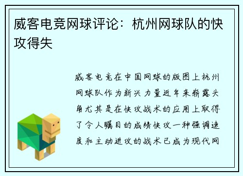 威客电竞网球评论：杭州网球队的快攻得失