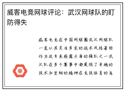 威客电竞网球评论：武汉网球队的盯防得失