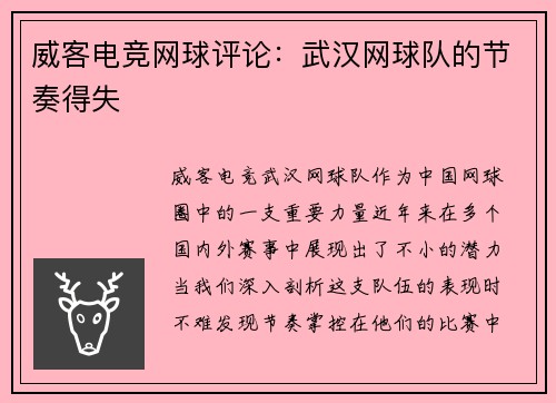 威客电竞网球评论：武汉网球队的节奏得失