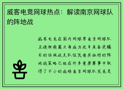 威客电竞网球热点：解读南京网球队的阵地战