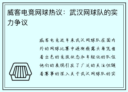 威客电竞网球热议：武汉网球队的实力争议