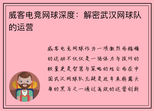 威客电竞网球深度：解密武汉网球队的运营