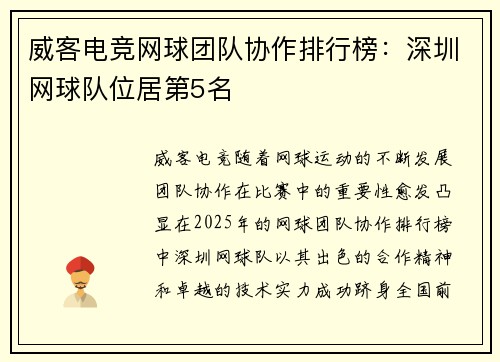 威客电竞网球团队协作排行榜：深圳网球队位居第5名