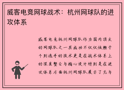 威客电竞网球战术：杭州网球队的进攻体系