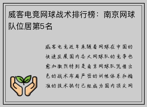 威客电竞网球战术排行榜：南京网球队位居第5名