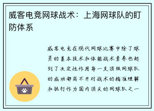 威客电竞网球战术：上海网球队的盯防体系