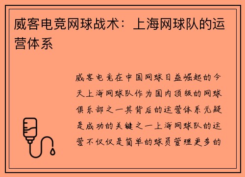 威客电竞网球战术：上海网球队的运营体系