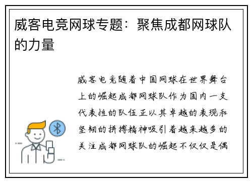 威客电竞网球专题：聚焦成都网球队的力量