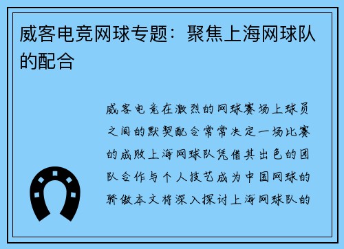 威客电竞网球专题：聚焦上海网球队的配合