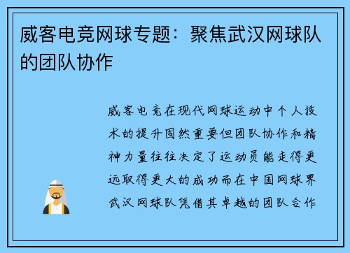 威客电竞网球专题：聚焦武汉网球队的团队协作