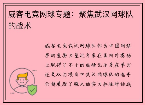 威客电竞网球专题：聚焦武汉网球队的战术