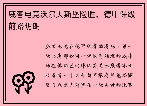 威客电竞沃尔夫斯堡险胜，德甲保级前路明朗