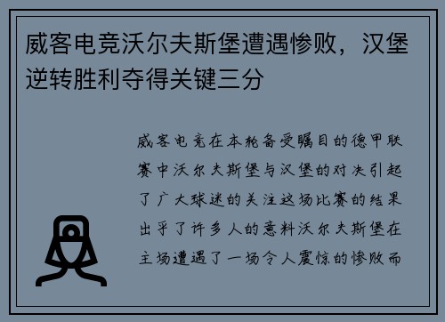 威客电竞沃尔夫斯堡遭遇惨败，汉堡逆转胜利夺得关键三分