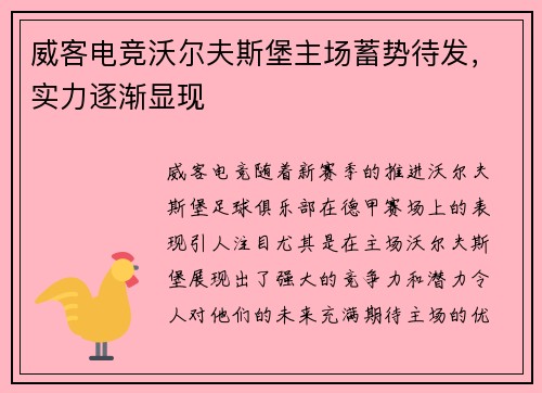 威客电竞沃尔夫斯堡主场蓄势待发，实力逐渐显现