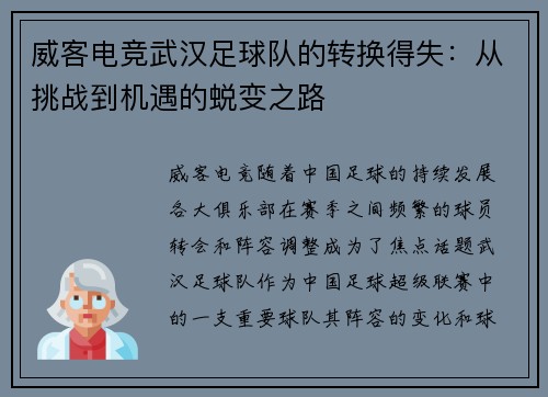 威客电竞武汉足球队的转换得失：从挑战到机遇的蜕变之路