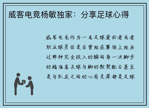 威客电竞杨敏独家：分享足球心得
