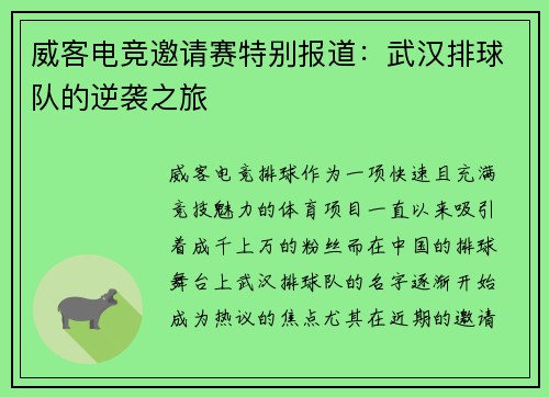 威客电竞邀请赛特别报道：武汉排球队的逆袭之旅